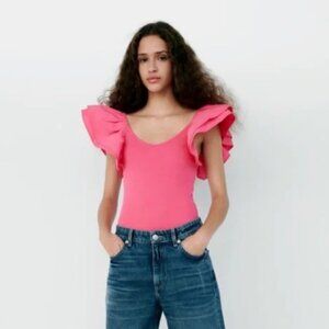 ZARA Ruffled Rib Bodysuit Hot Pink